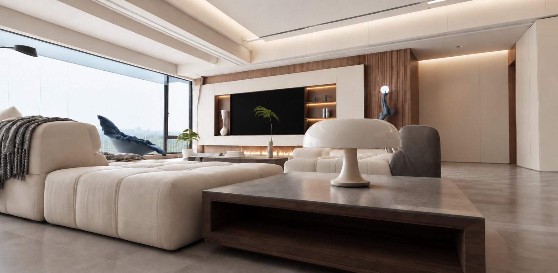 Sala & mueble de TV con chimenea