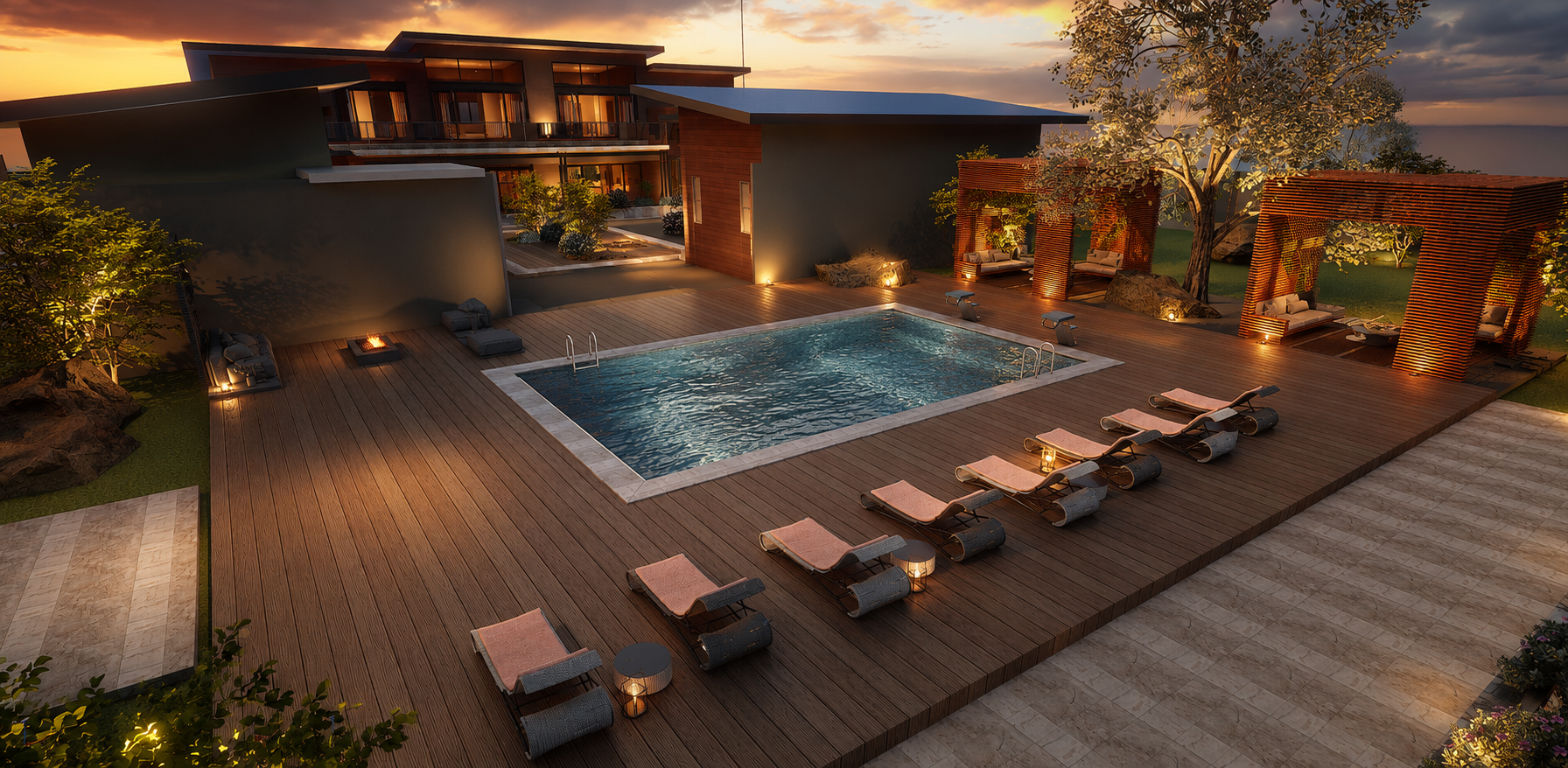 Terraza & piscina al atardecer